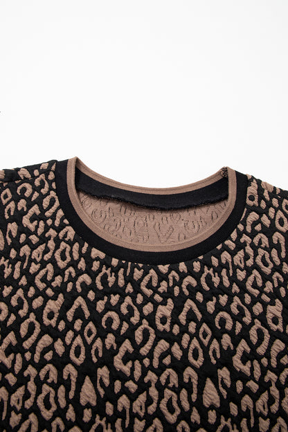 Leopard Contrast Trim Puffy 3/4 Sleeve Top