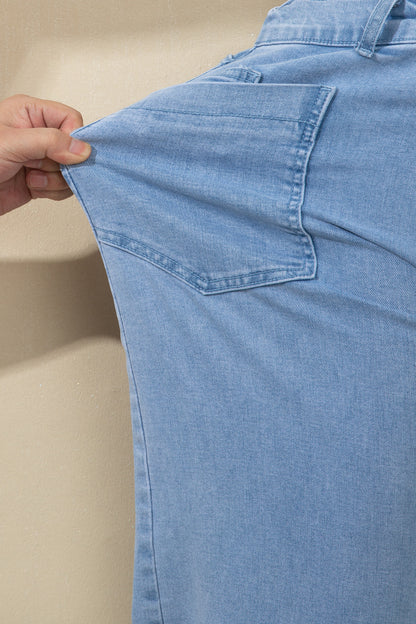 Solid Denim Square Patch Pocket Ankle Length Barrel Jeans