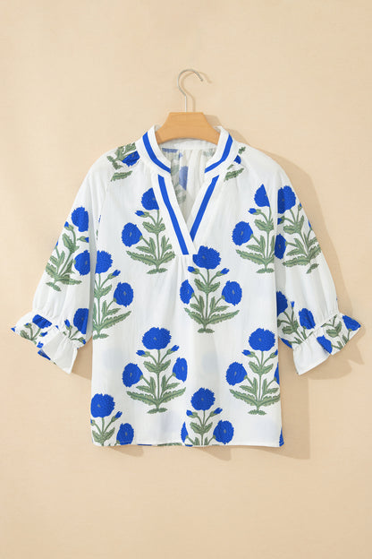 Flower Contrast V-Neck 3/4 Sleeve Blouse