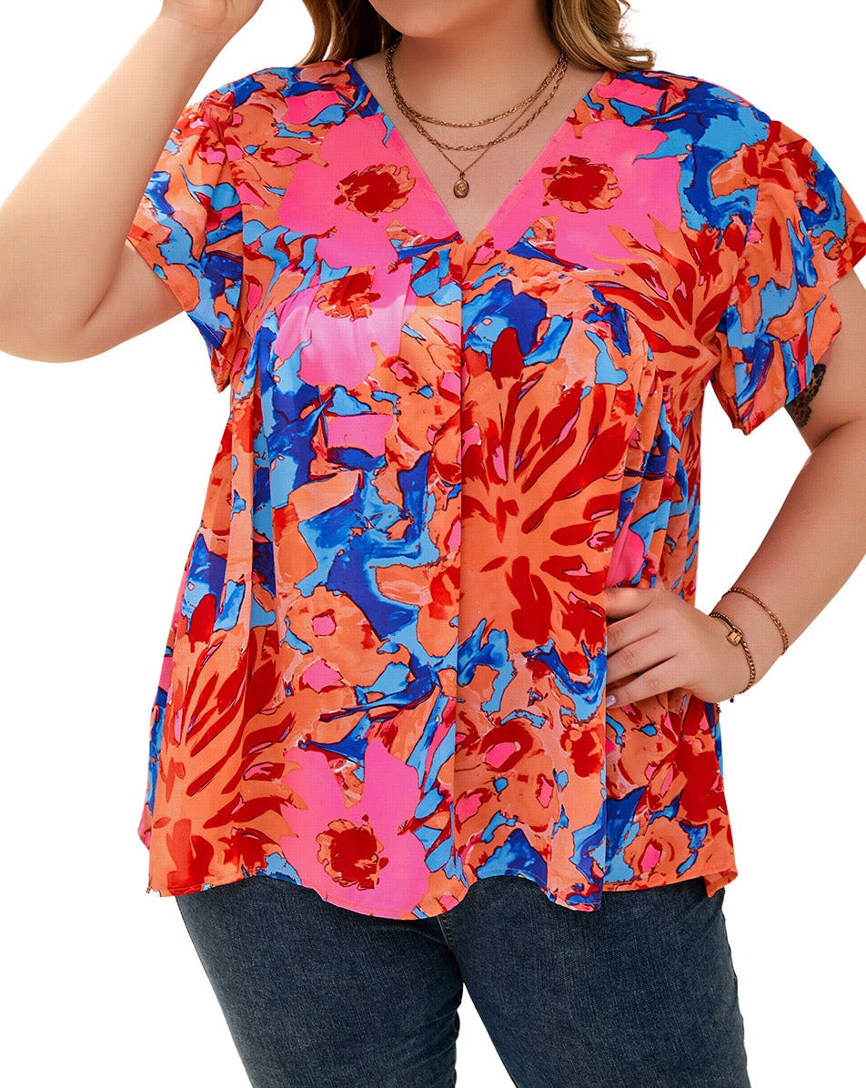 Abstract Floral V-Neck Blouse Plus Size