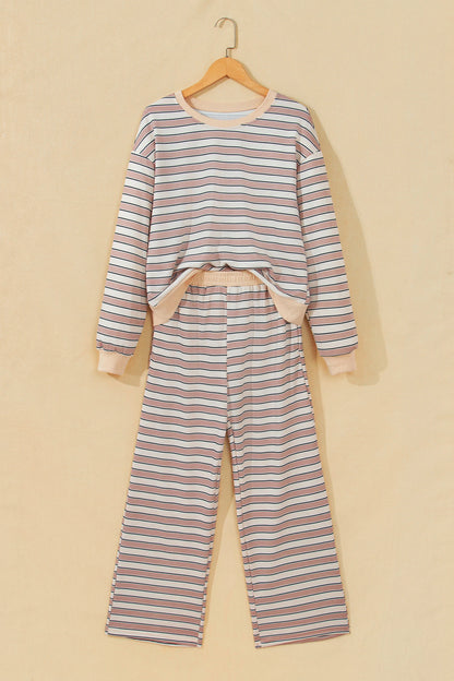 Stripe Contrast Trim Top & Wide Leg Pants Set