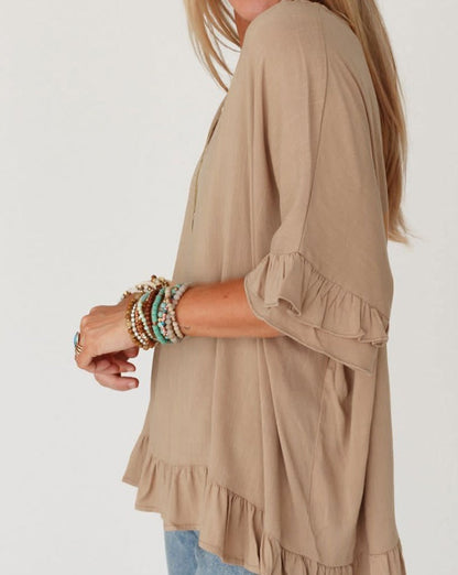 Ruffle Short Sleeve V-Neck Blouse