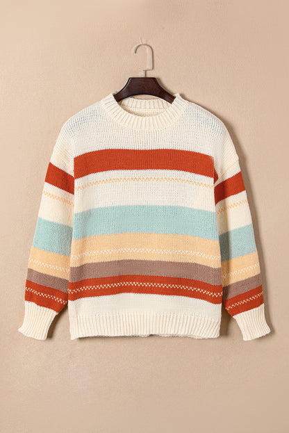 Stripe Colorblock Crewneck Drop Shoulder Sweater