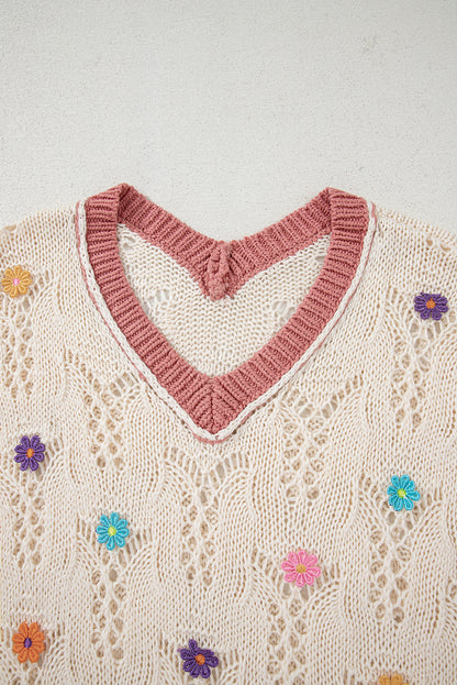 Flower Embroidered Colorblock Edge Hollowed Sweater