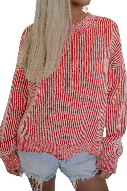 Stripe Ribbed Round Neck Sweater