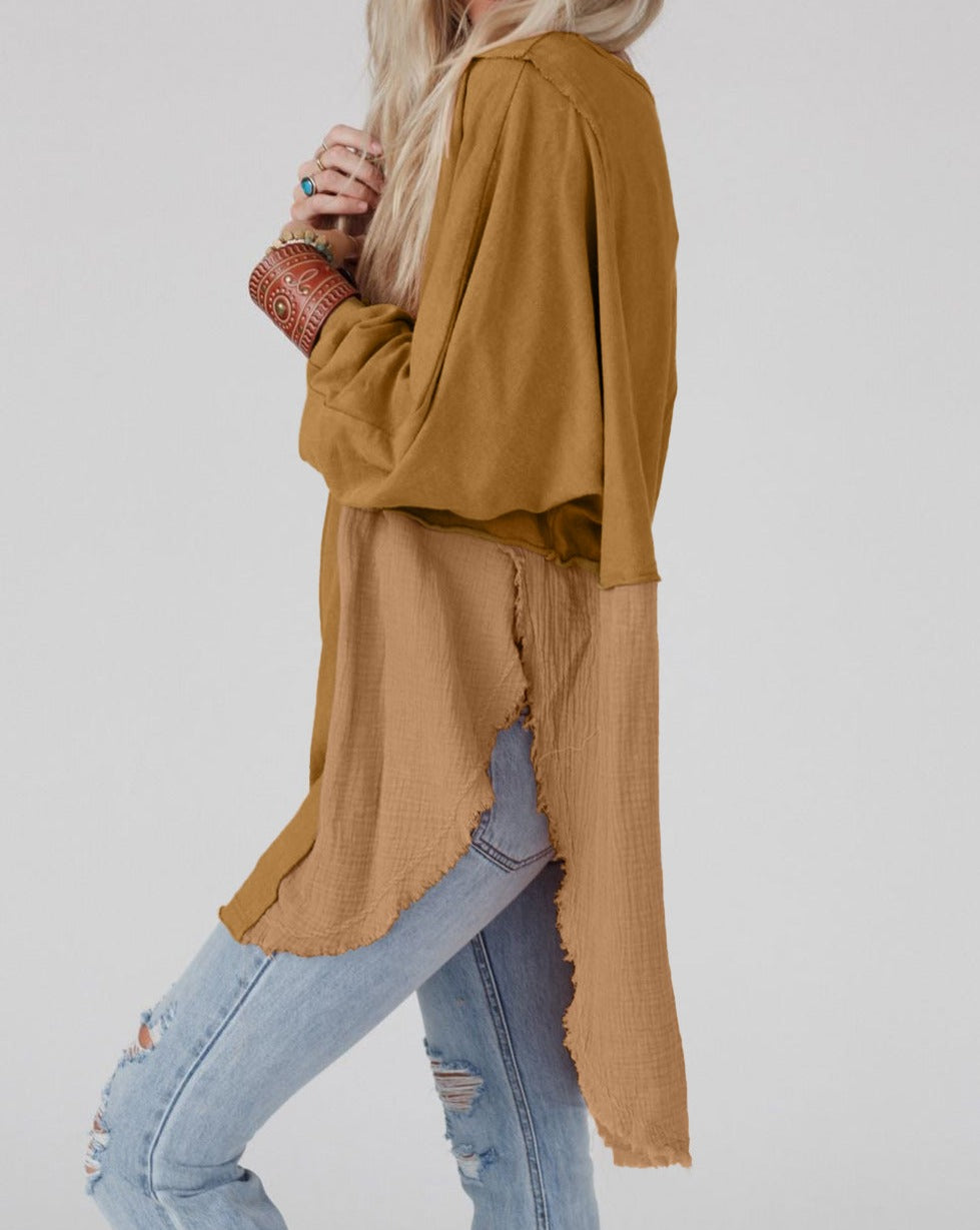 Crinkle Patchwork Raw Edge Blouse