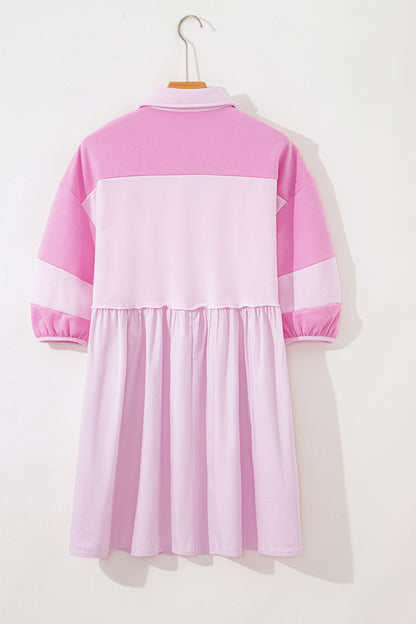 Colorblock Raw Seam Buttoned Polo Collar Dress