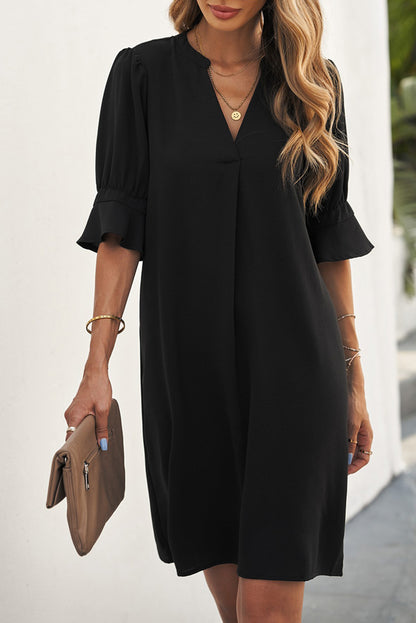 Ruffle 3/4 Sleeve V-Neck Dress