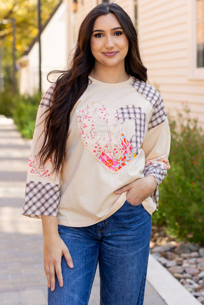 Valentine Heart Plaid Floral Patchwork Long Sleeve Top