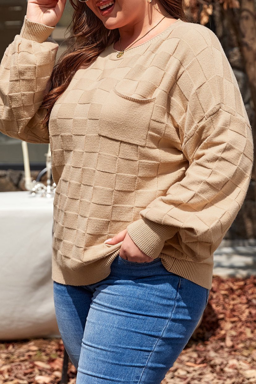 Solid Checker Texture Knit Sweater Plus Size