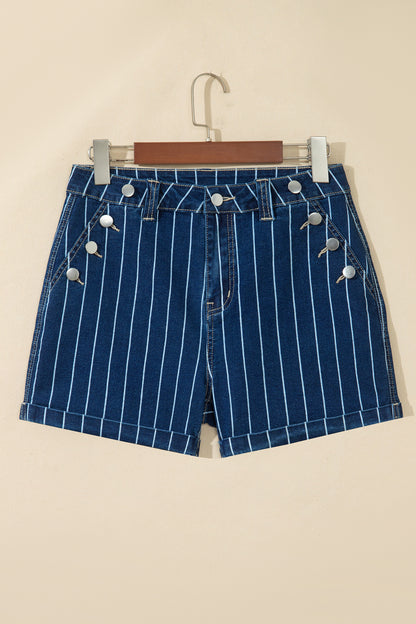 Denim Stripe Metal Button Detail Shorts