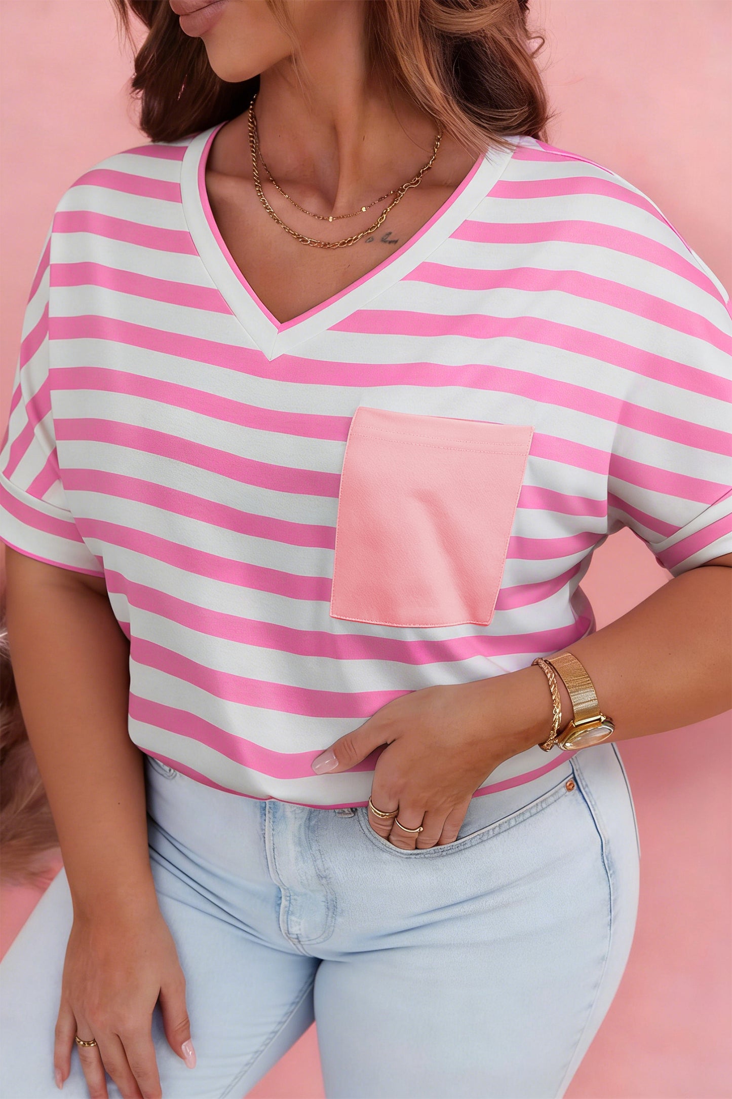 Plus Size Stripe Colorblock Patch Pocket Tee
