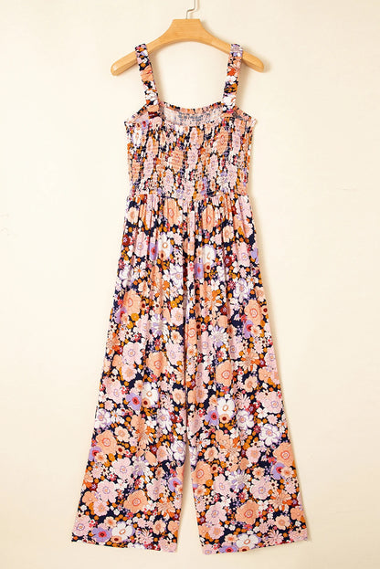 Floral Smocked High Waist Square Neck Jumpsuit