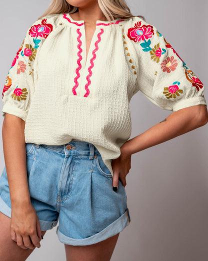 Floral Embroidered Puff Sleeve Blouse