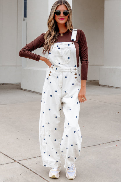 Polka Dot Denim Barrel Leg Overalls Jumpsuit