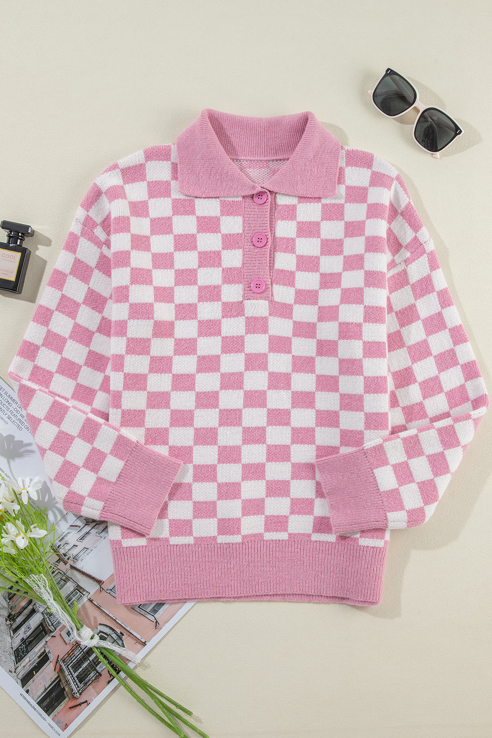 Checker Buttoned Collar Sweater