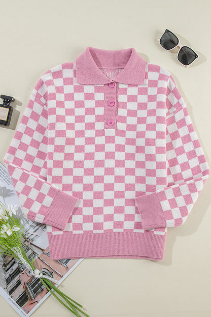 Checker Buttoned Collar Sweater