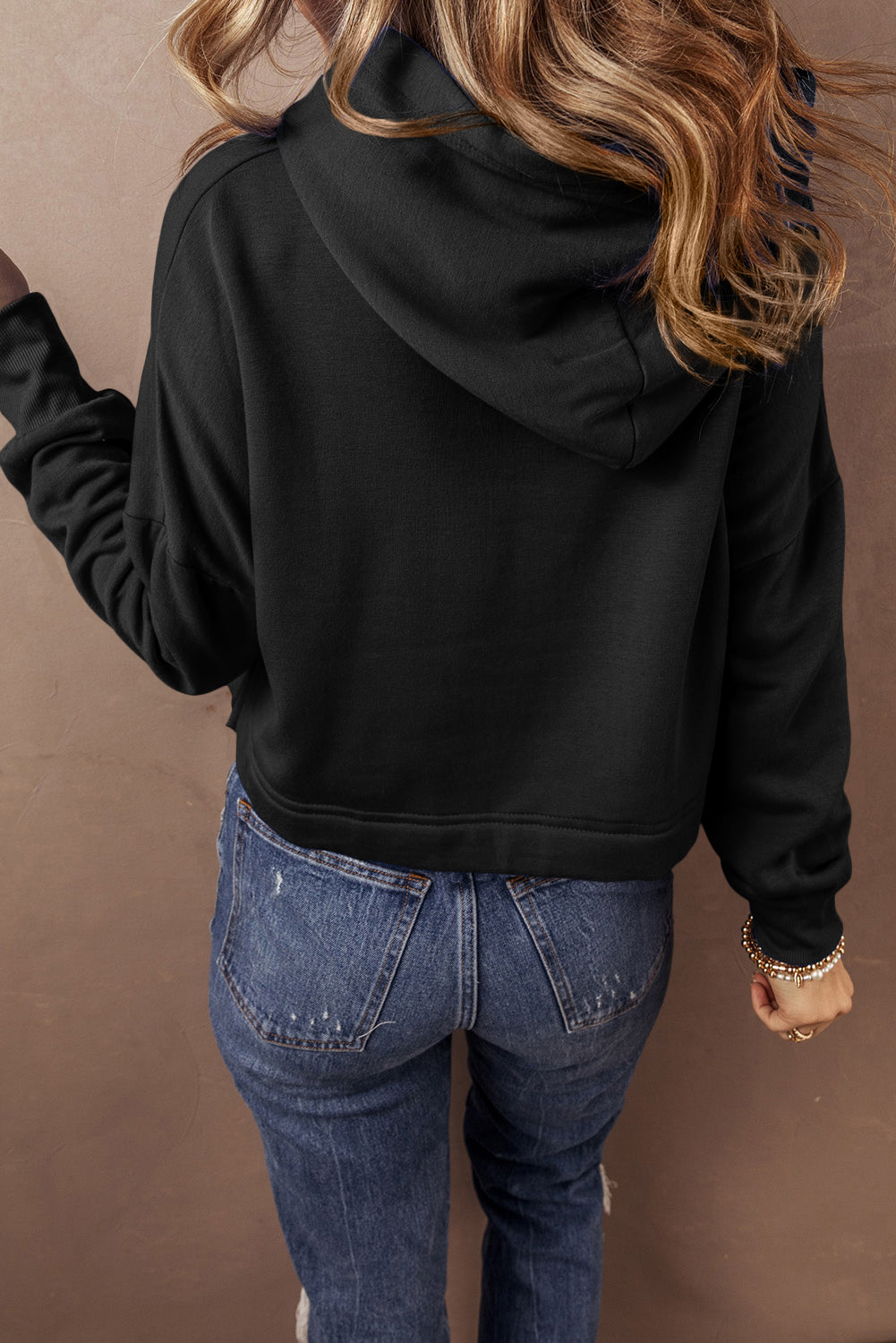 Solid Drop Shoulder Cropped Hoodie