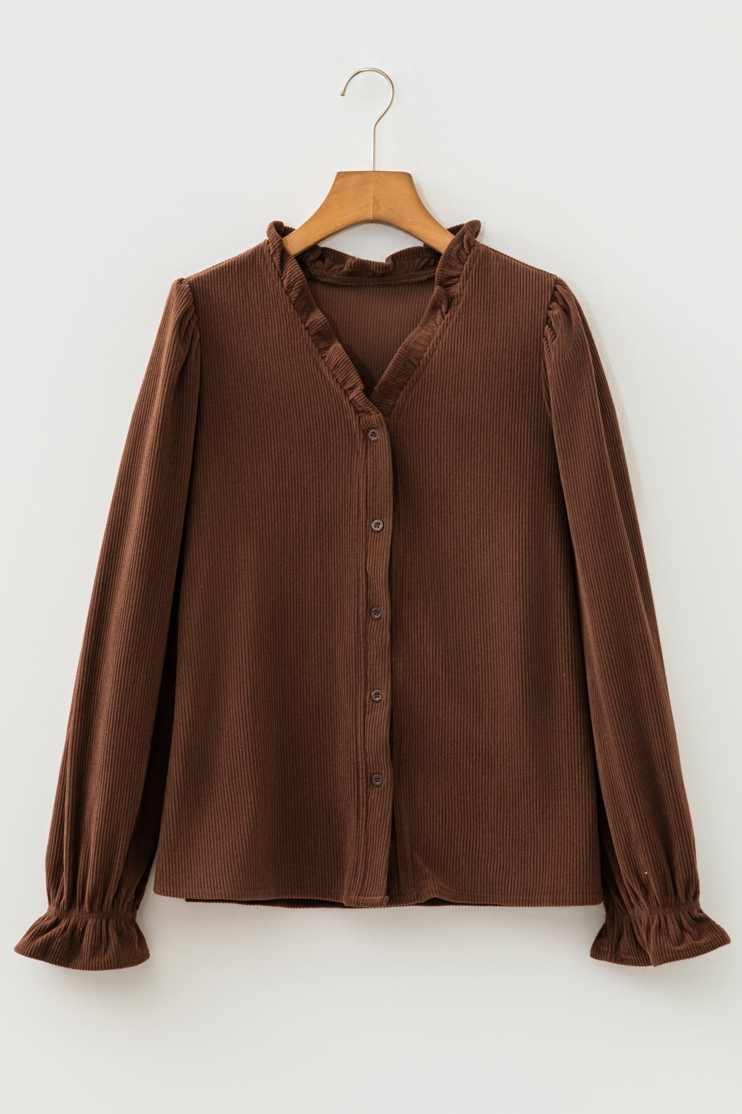 Solid Ruffle Trim V-Neck Long Sleeve Corduroy Shacket