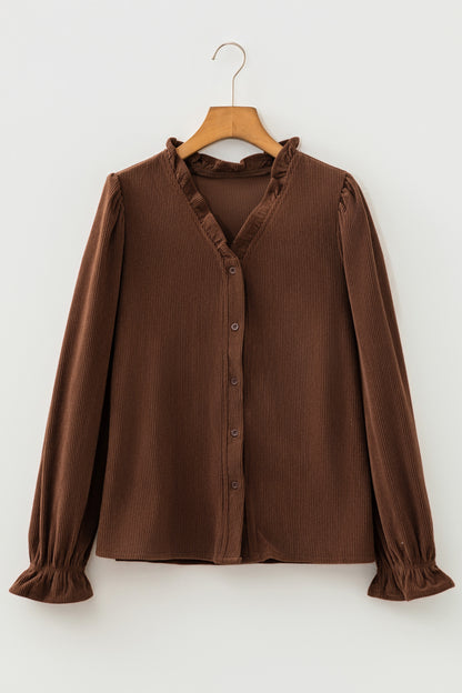 Solid Ruffle Trim V-Neck Long Sleeve Corduroy Shacket