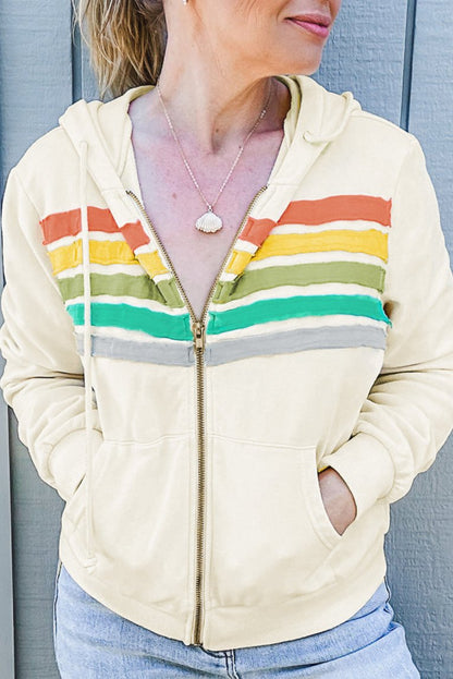 Stripe Colorblock Zip Up Pocketed Hoodie