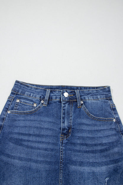 Denim Asymmetrical Distressed Midi Skirt