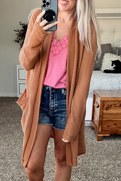 Waffle Thumbhole Sleeve Pocketed Cardigan