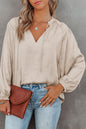 Pleated Balloon Sleeve V-Neck Blouse