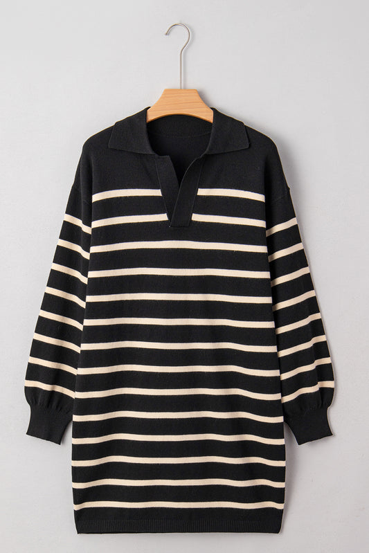 Stripe Puff Sleeve Collared Sweater Mini Dress