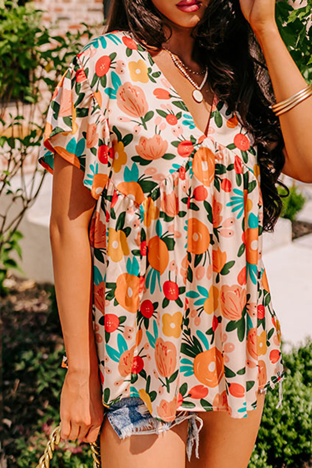 Floral V-Neck Tied Back Blouse