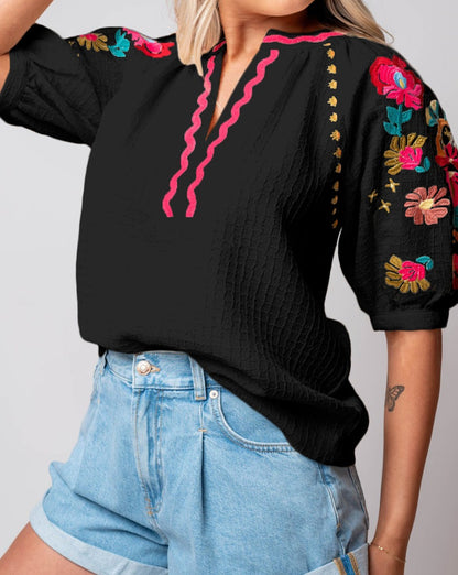 Floral Embroidered Puff Sleeve Blouse