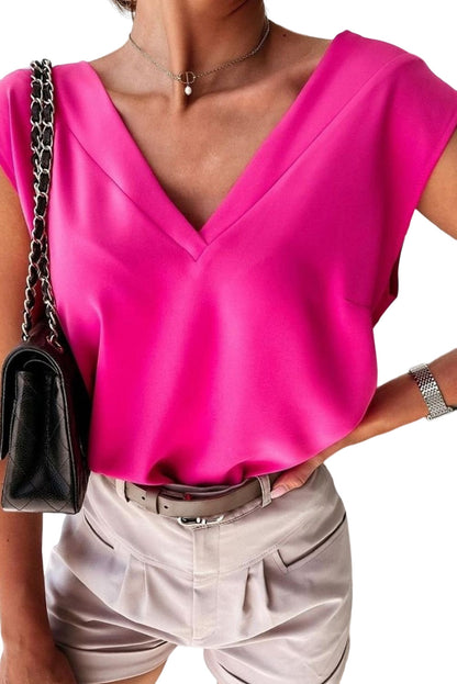 Pleated V-Neck Cap Sleeve Top