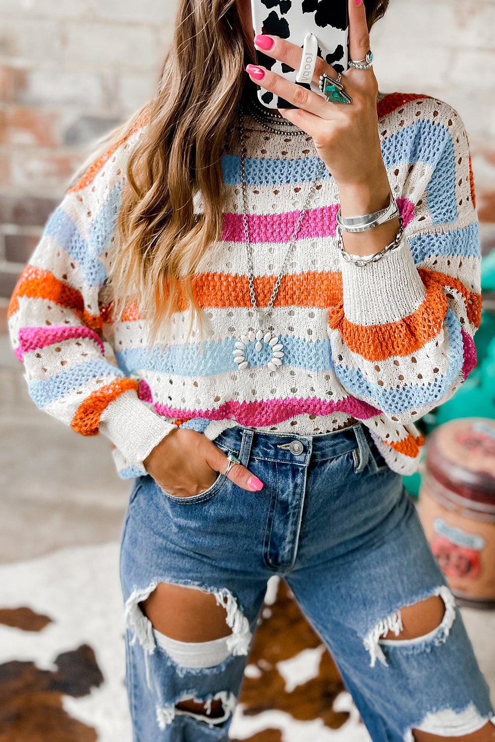 Stripe Hollowed Knit Crewneck Sweater