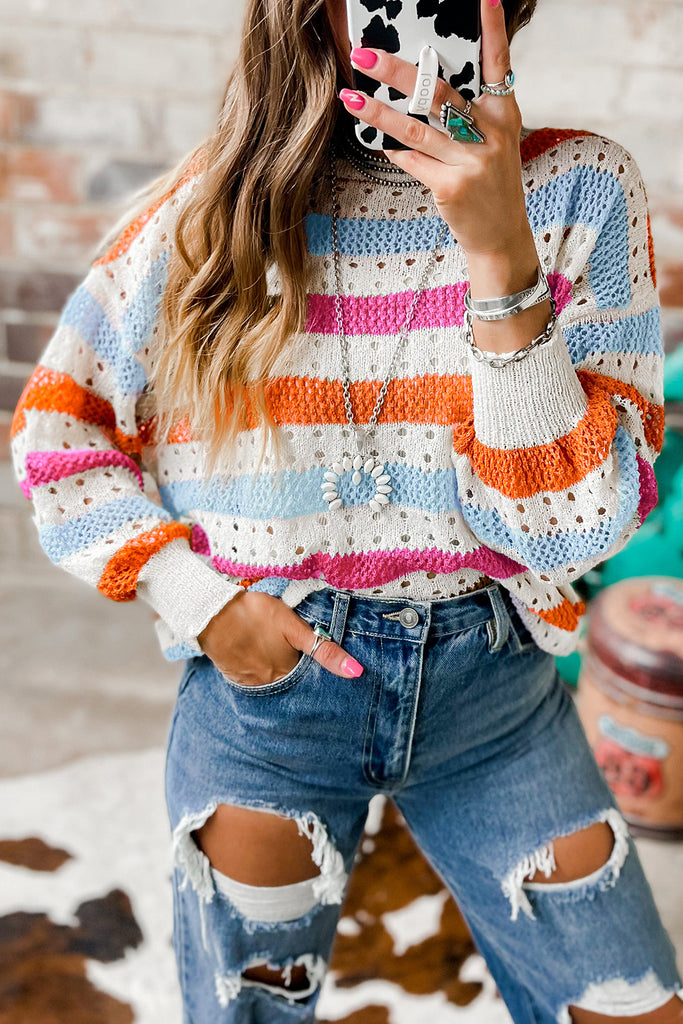 Stripe Hollowed Knit Crewneck Sweater