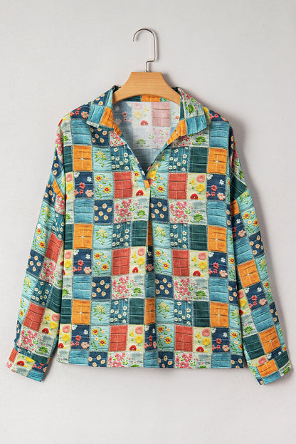 Floral Patchwork Long Sleeve Collared V-Neck Blouse