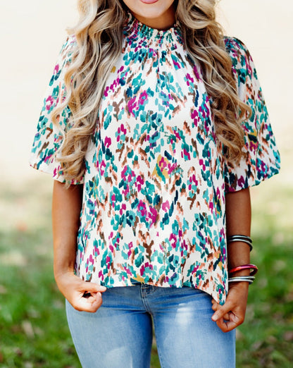 Abstract Mock Neck Blouse