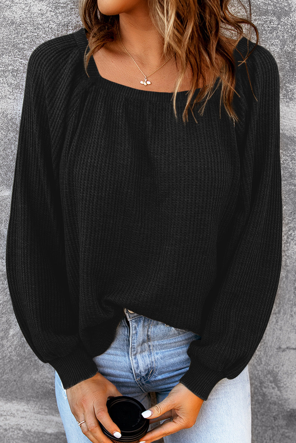 Waffle Square Neck Puff Sleeve Top