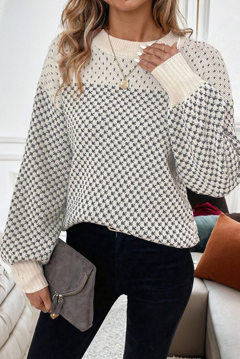 Dotted Colorblock Lantern Sleeve Sweater