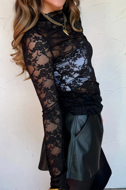 Sheer Floral Lace Mock Neck Long Sleeve Top