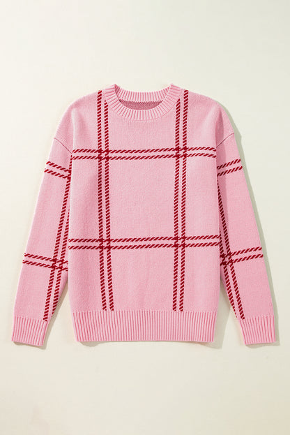 Plaid Drop Shoulder Crewneck Sweater