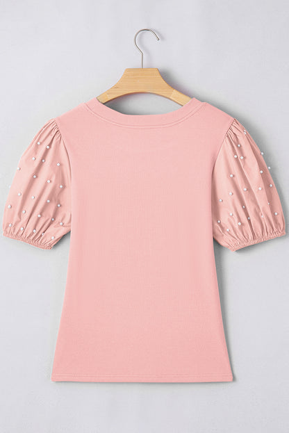 Pearl Beaded Puff Sleeve Ribbed Knit Top