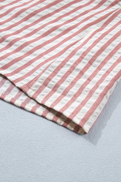 Stripe Leopard Trim V-Neck Buttoned Short Sleeve Shirt