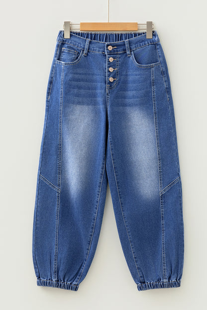 Denim Buttoned Fly Tapered Barrel Leg Jeans