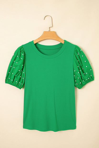 Ribbed Pearl Beaded Puff Sleeve Top