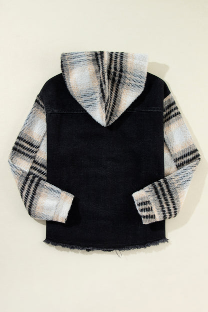 Plaid Denim Patchwork Hooded Jacket