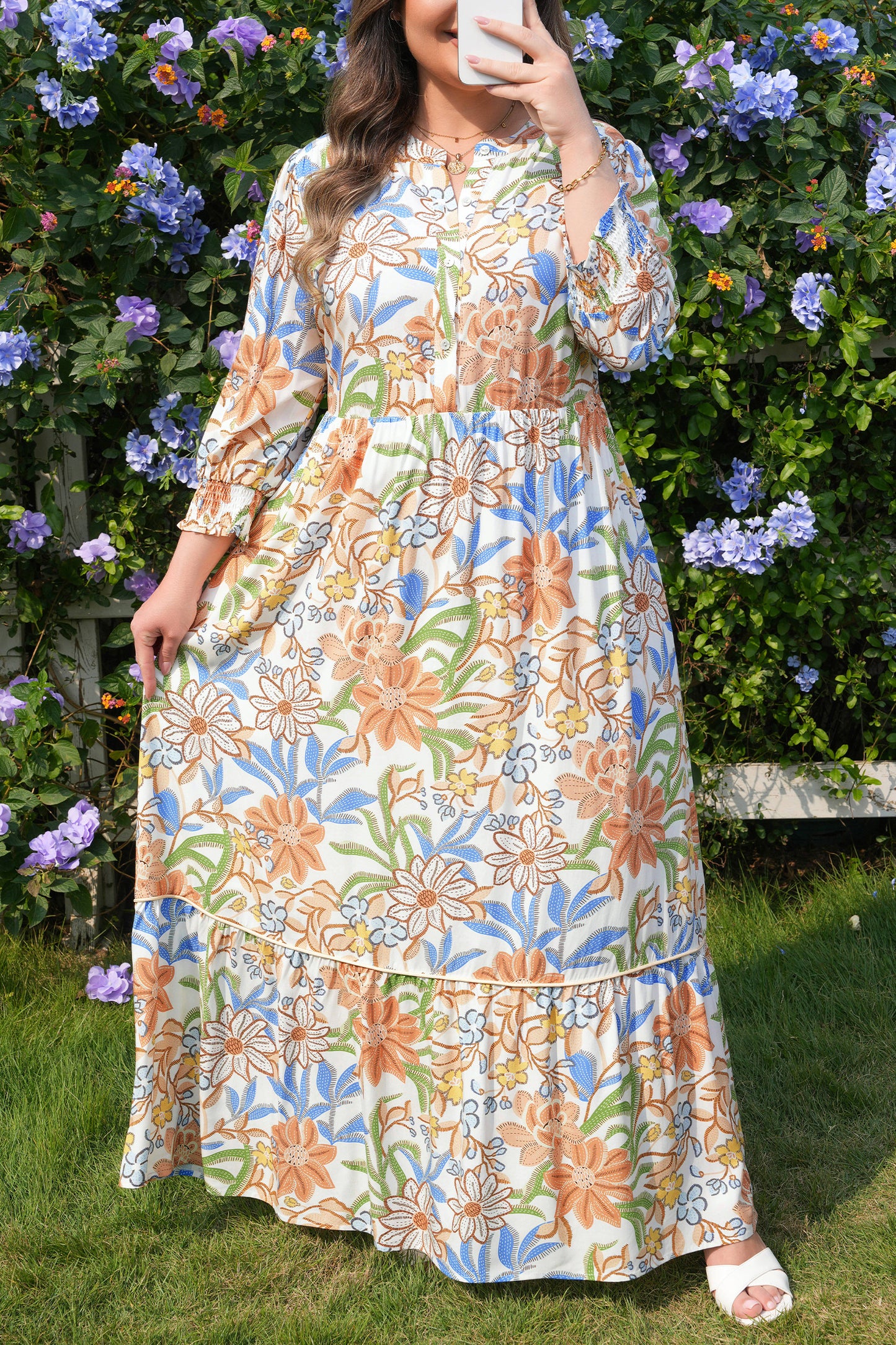 Plus Size Floral 3/4 Sleeve Tiered Dress