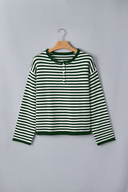 Stripe Button Placket Drop Shoulder Long Sleeve Sweater