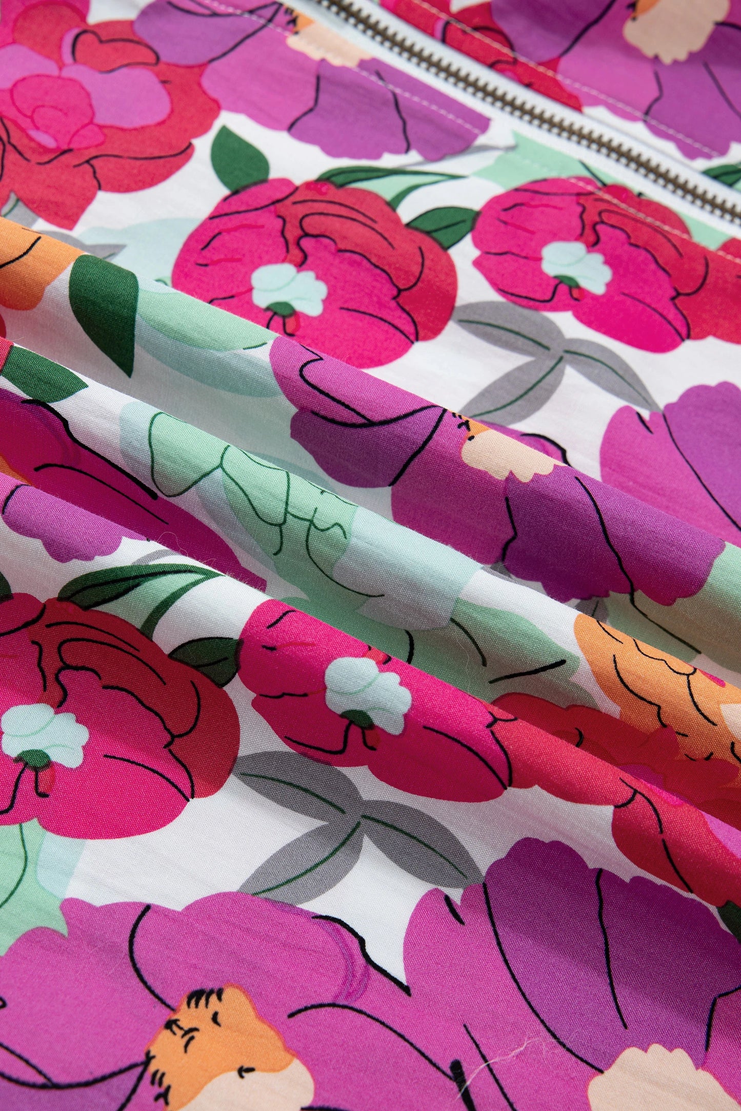 Floral Zip-Up V-Neck Short Puff Sleeve Dress