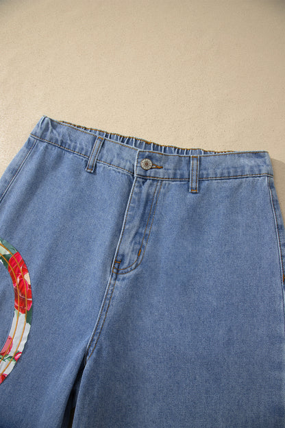 Floral Peace Sign Embroidered Patch Wide Leg Jeans