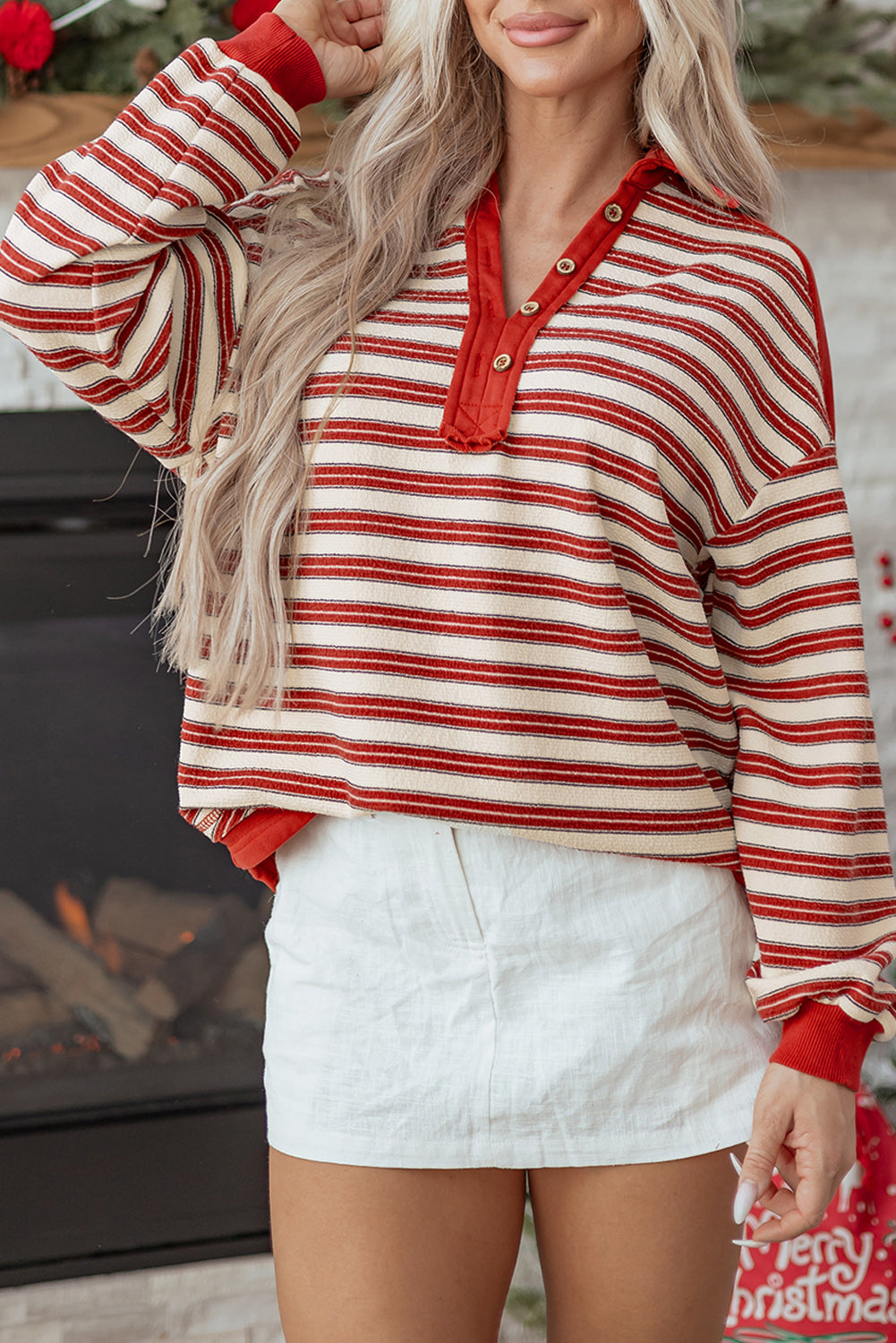 Stripe Buttoned Collared V-Neck Drop Shoulder Top